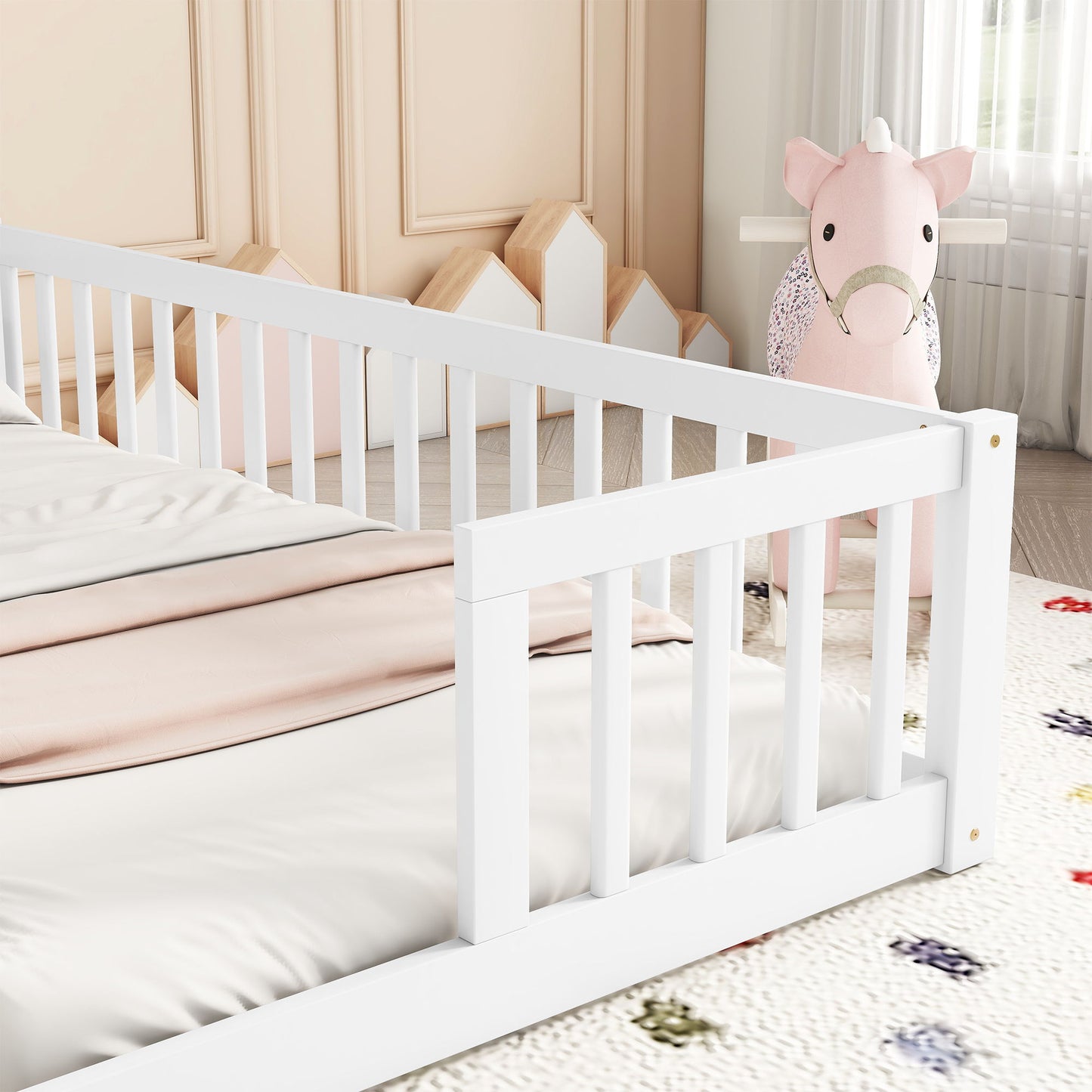 Double Twin Floor Bed With Fence, Guardrails, Without Door - White
