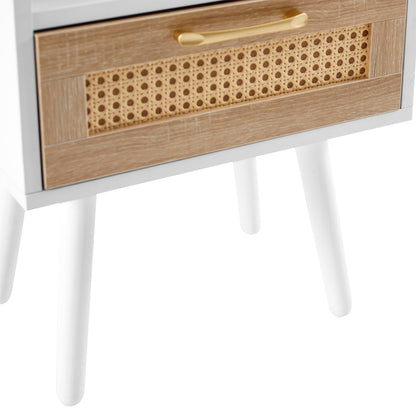 15.75" Rattan End Table With Drawer And Solid Wood Legs, Modern Nightstand, Side Table For Living Room, Bedroom - White