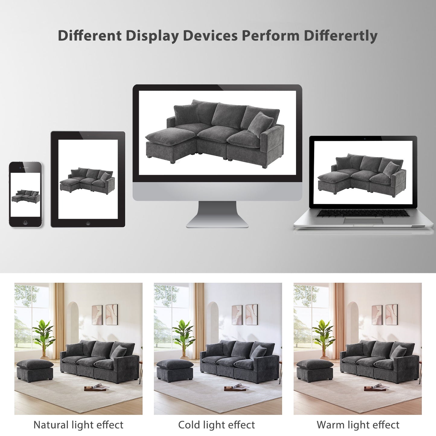 Modern, Modular Sofa, 4 Seat Chenille Sectional Couch Set With 2 Pillows Included, Freely Combinable Indoor Funiture - Black / Gray