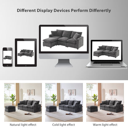 Modern, Modular Sofa, 4 Seat Chenille Sectional Couch Set With 2 Pillows Included, Freely Combinable Indoor Funiture - Black / Gray