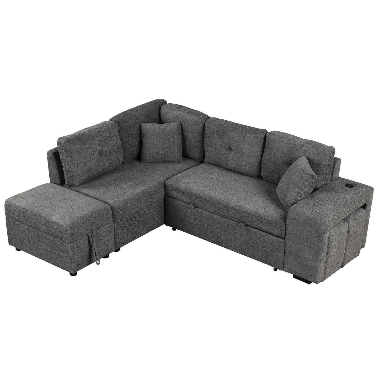 Convertible Sleeper, Sectional Pull Out Sofa Bed With Storage Ottoman, 2 Throw Pillows, 2 Stools, Wireless Charger And Two Hidden USB Ports For Living Room - Dark Gray