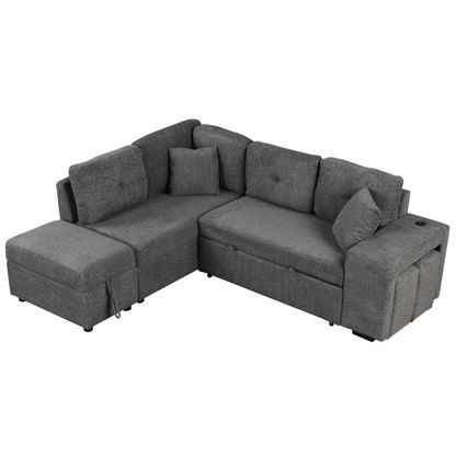 Convertible Sleeper, Sectional Pull Out Sofa Bed With Storage Ottoman, 2 Throw Pillows, 2 Stools, Wireless Charger And Two Hidden USB Ports For Living Room - Dark Gray