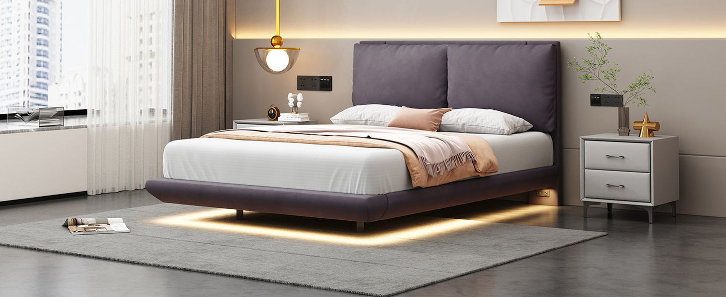 Full Size Upholstered Platform Bed With Sensor Light And 2 Large Backrests, Stylish Platform Bed With 2 Sets Of USB Port And Socket On Each Rear Bed Leg - Gray
