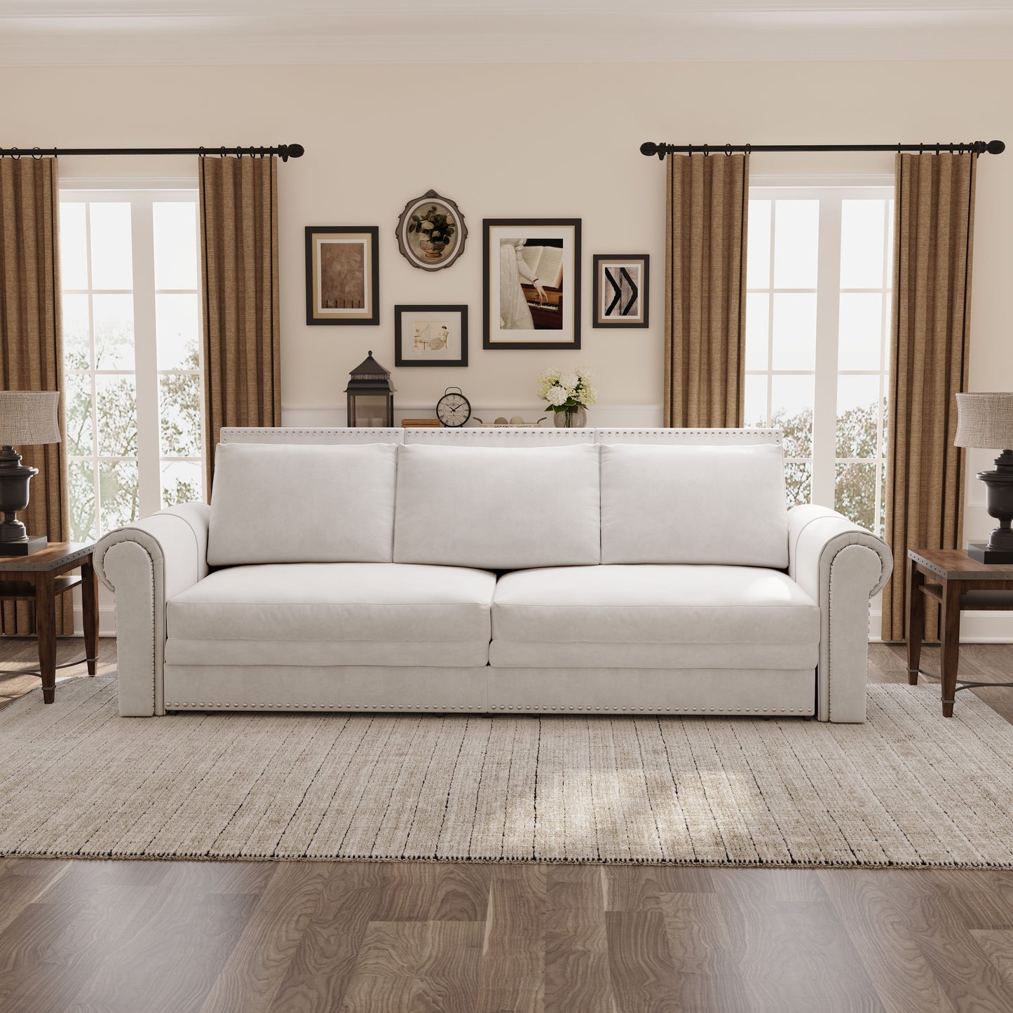 King Pull Out Sofa Bed, Chesterfield Sofa, 3 In 1 Velvet Convertible Sleeper Sofa With Nailhead Trim & Rolled Arm, Multifunctional Sofa Bed For Living Room - Beige