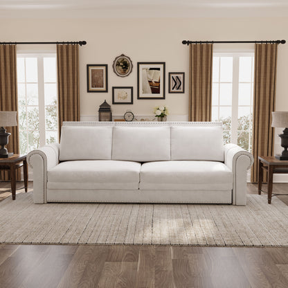 King Pull Out Sofa Bed, Chesterfield Sofa, 3 In 1 Velvet Convertible Sleeper Sofa With Nailhead Trim & Rolled Arm, Multifunctional Sofa Bed For Living Room - Beige