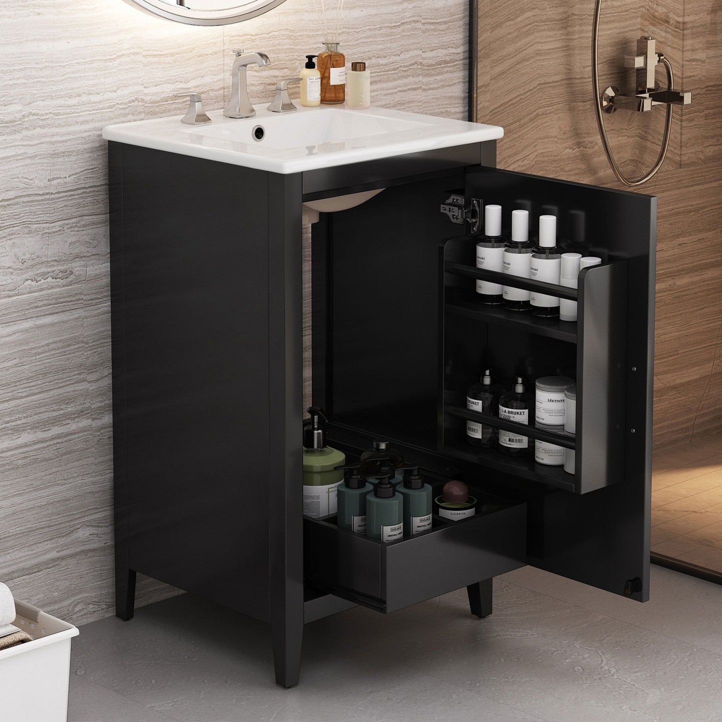 Modern Freestanding 20.3" Bathroom Vanity With Sink, Functional Drawer, Soft Closing Door - Black