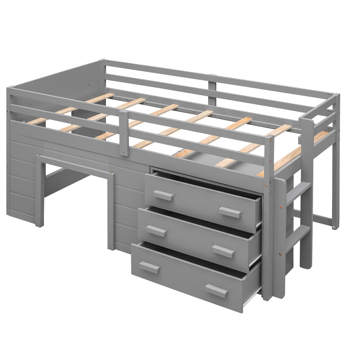 Twin Size Loft Bed With Cabinet And Shelf - Gray