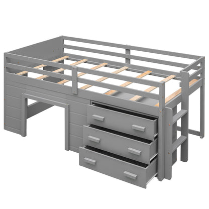 Twin Size Loft Bed With Cabinet And Shelf - Gray