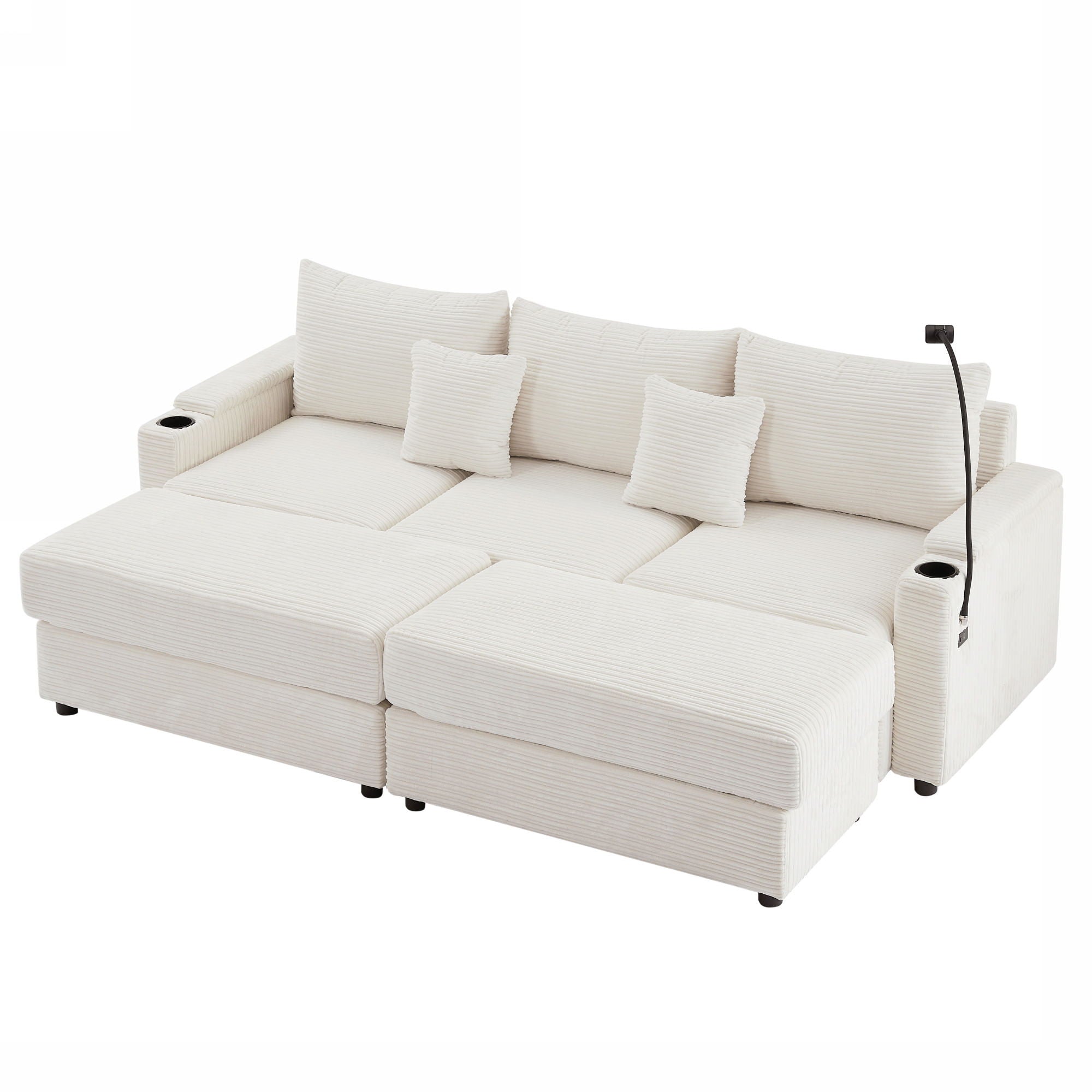 Modern Style 3 Seater Sofa Sectional Sofa Couch With Storage Space, Two Movable Ottomans, Two USB Ports, Two Cup Holders, A Phone Holder For Living Room - Beige