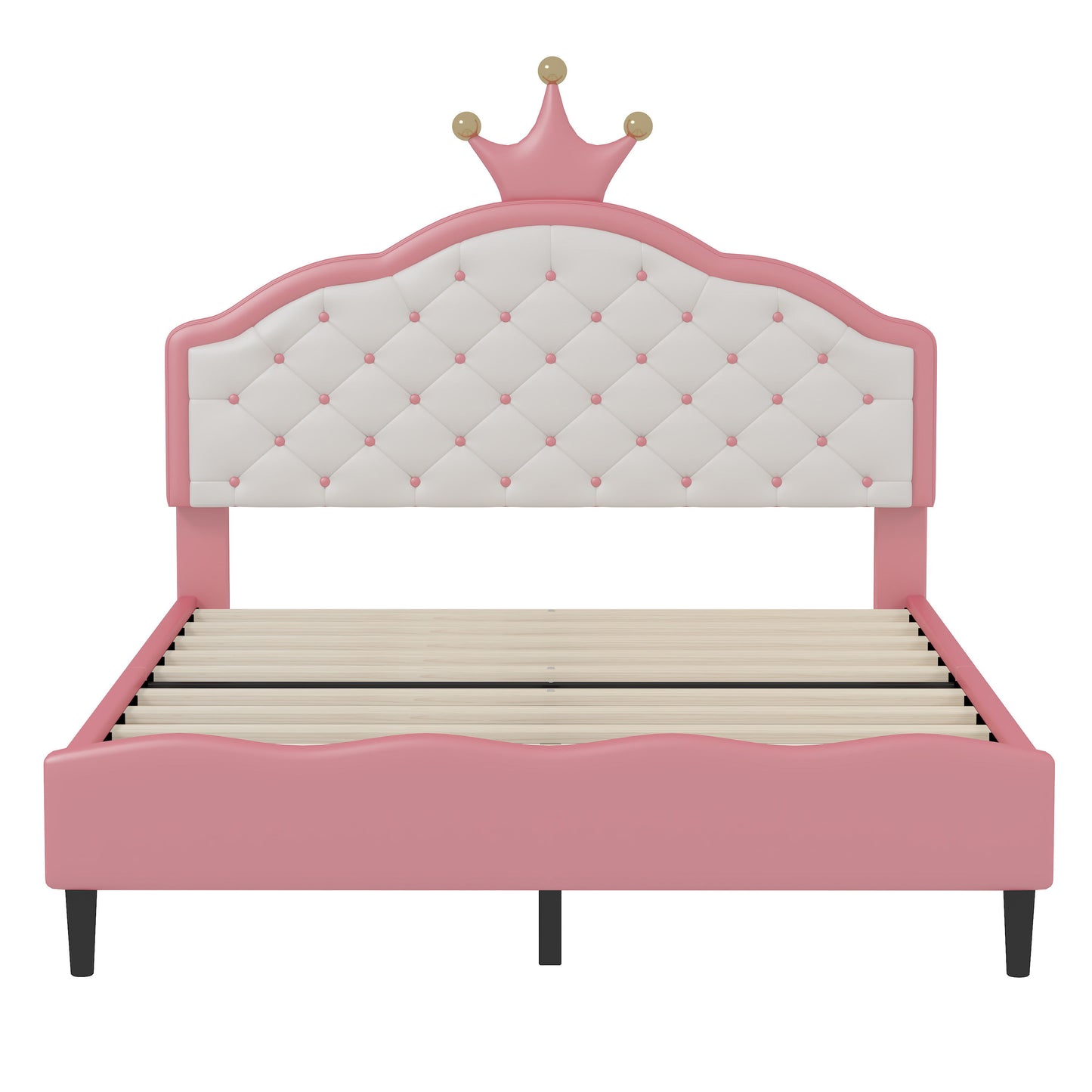 Full Size Lovely Crown Fantasy Leather Princess Bed With Tufted Headboard - Pink / Cream