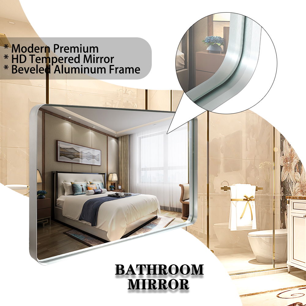 40X30" Brushed Silver Rounded Corner Rectangle Bathroom Mirror For Wall Metal Frame Wall Mounted Bathroom Mirror Vanity Bathroom Mirror (Horizontal & Vertical) - Silver