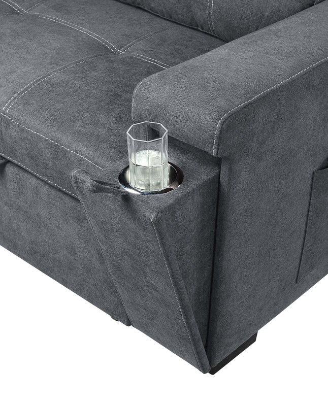 Toby - Woven Fabric Reversible Sleeper Sectional Sofa With Storage Chaise Cup Holder Charging Ports And Pockets - Gray
