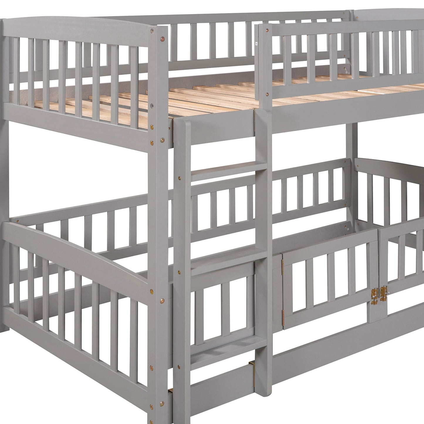 Twin Over Twin Low Bunk Bed With Slide, Fence And Ladder - Gray