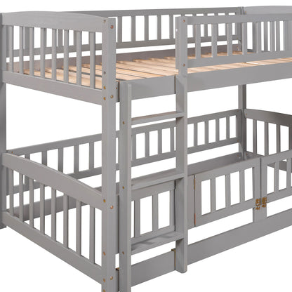 Twin Over Twin Low Bunk Bed With Slide, Fence And Ladder - Gray