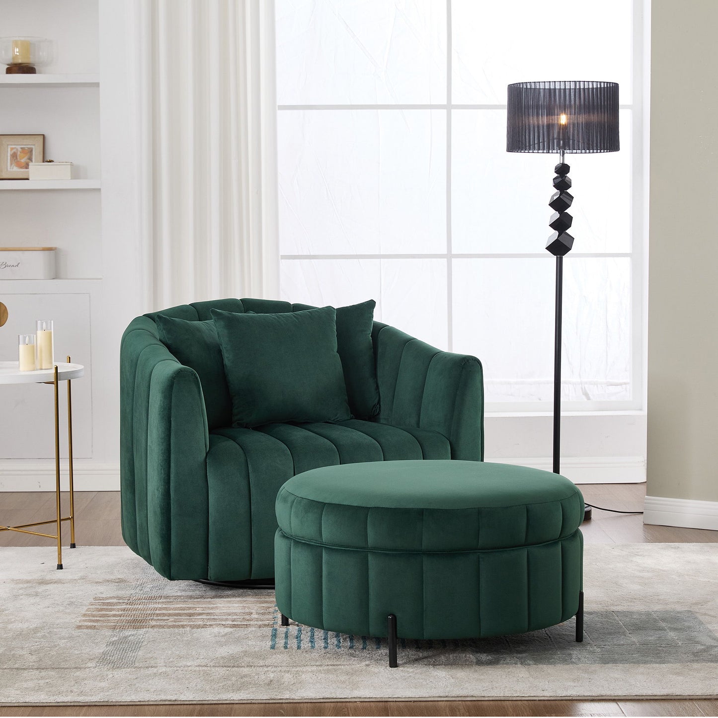 Oversized Swivel Barrel Accent Chair And Ottoman Set With Storage - Green