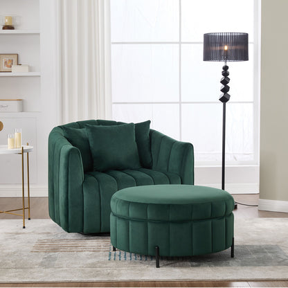 Oversized Swivel Barrel Accent Chair And Ottoman Set With Storage - Green