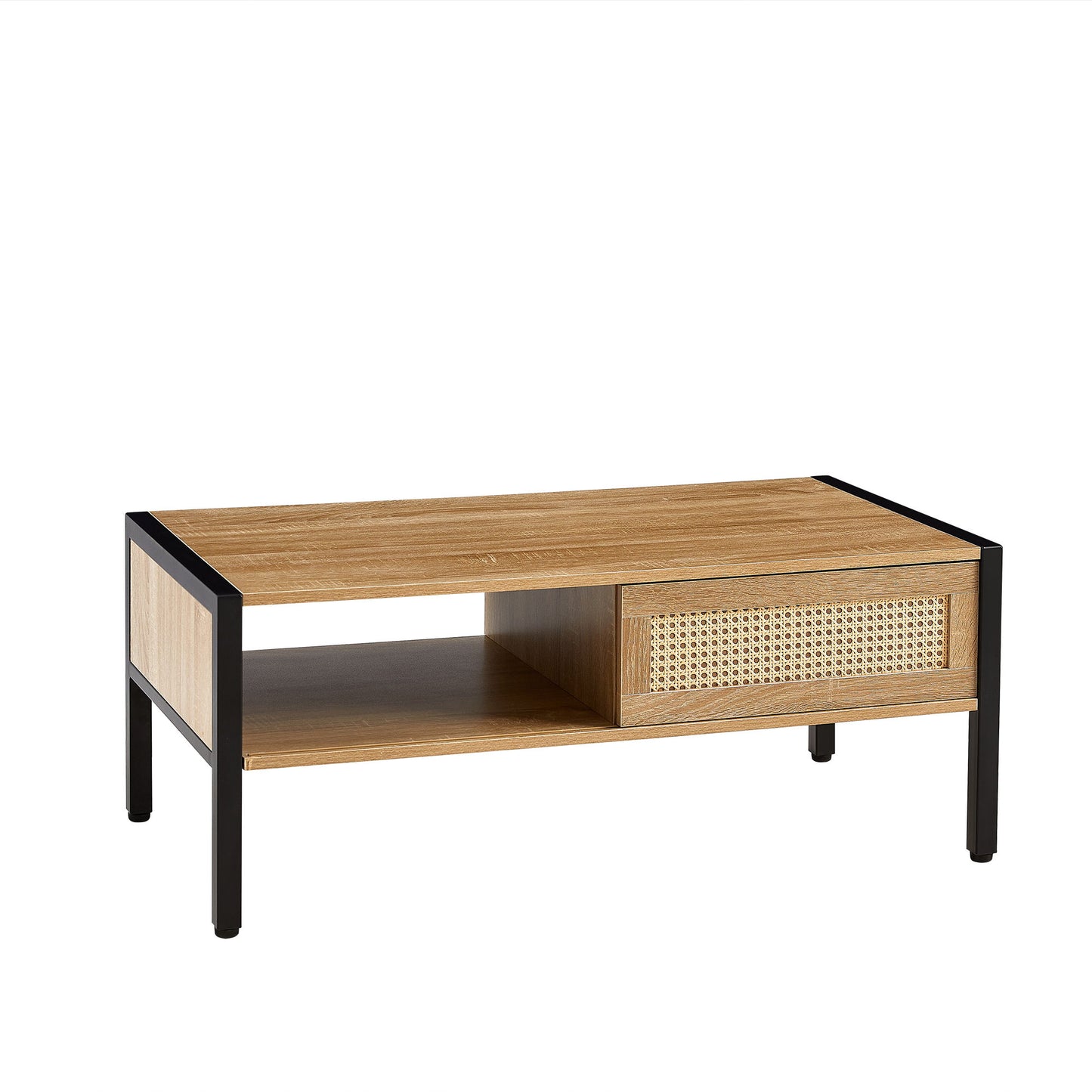 40.16" Rattan Coffee Table, Sliding Door For Storage, Metal Legs, Modern Table For Living Room - Natural