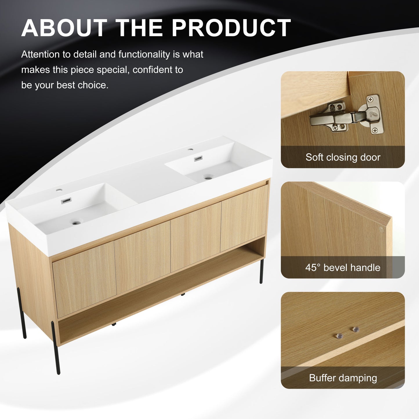 Modern 60" Bathroom Vanity Combo With Single Resin Sink And Storage Cabinet - Oak