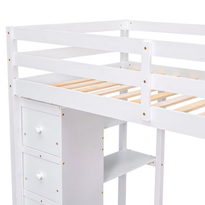 Twin Size Loft Bed With Storage Drawers, Desk And Stairs With Shelves - White