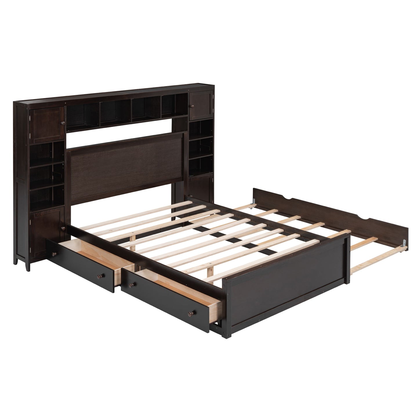 Full Size Bed With All In One Cabinet, Shelf And Sockets, Twin Size Trundle - Espresso