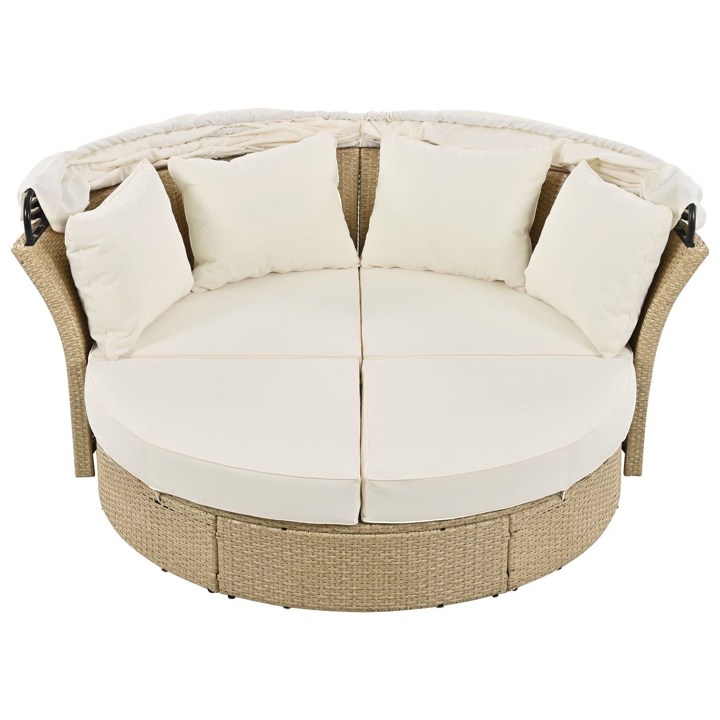 Outdoor Patio Daybed Wicker Rattan Double Daybed Round Sofa Furniture Set With Retractable Canopy, 4 Pillows For Lawn Garden Backyard Porch Pool - Beige