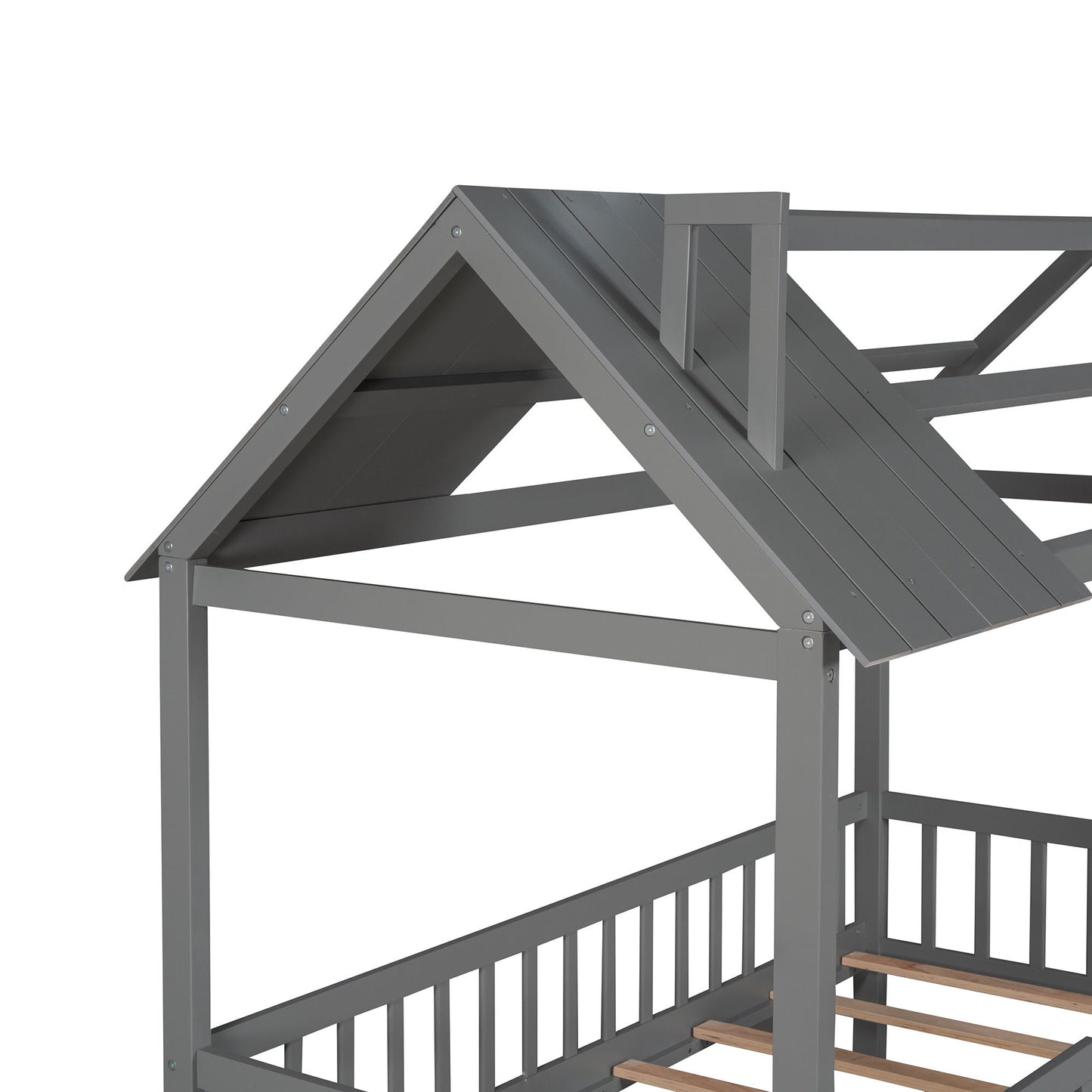 Twin Size House Bed With Fence - Gray