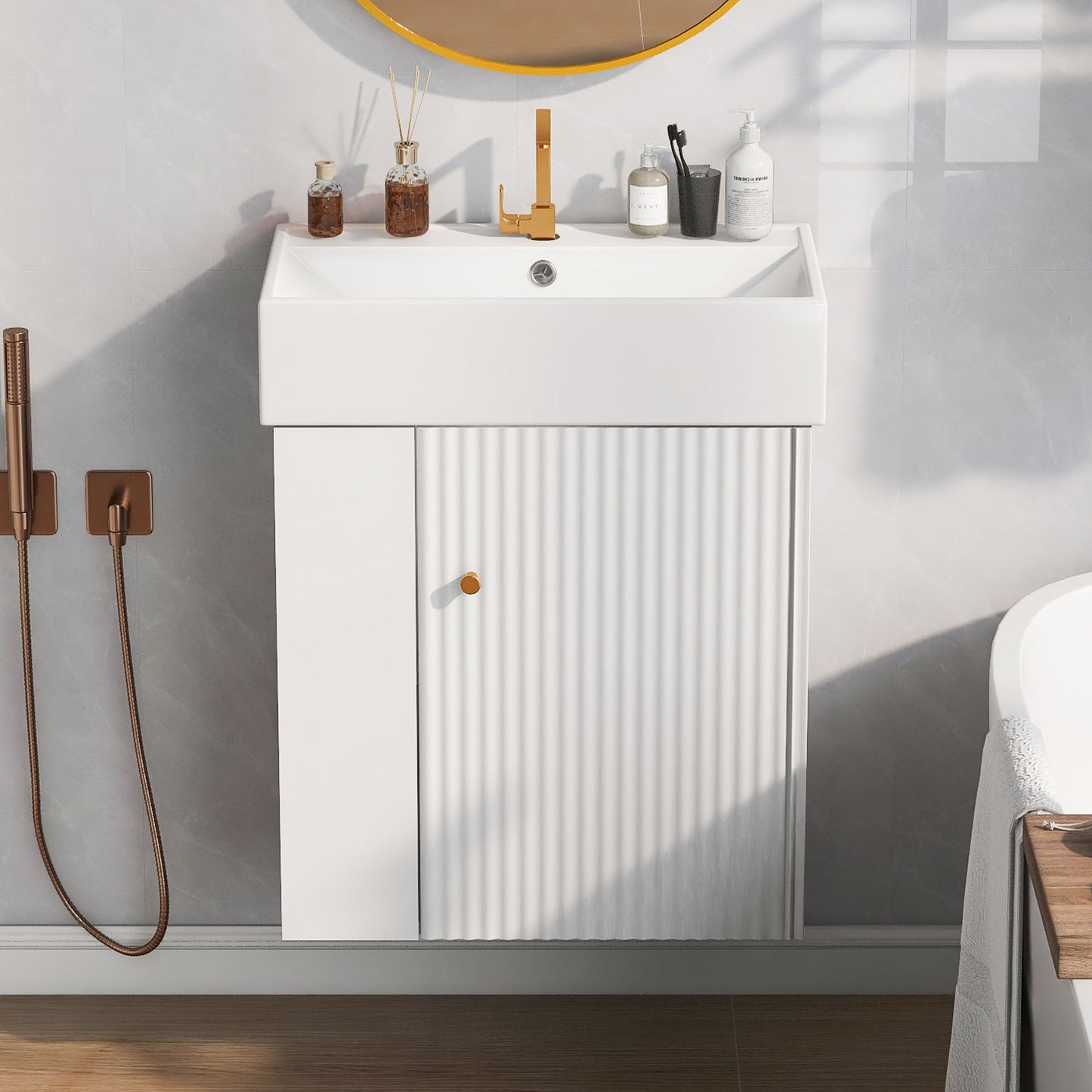 Modern Floating Bathroom Vanity With Ceramic Basin Perfect For Small Bathrooms, Left Side Storage - White