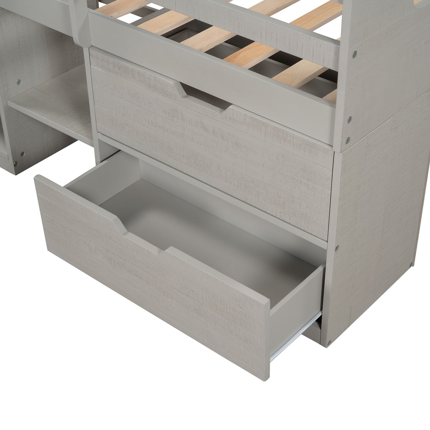 Twin Size Loft Bed With Two Shelves And Two Drawers - Antique Gray