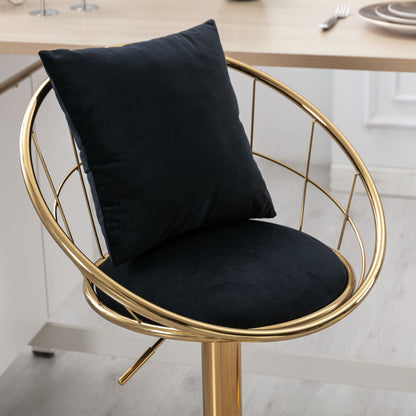 Velvet Bar Chair, Pure Gold Plated, Unique Design, 360 Degree Rotation, Adjustable Height, Suitable For Dining Room And Bar, (Set of 2) - Black