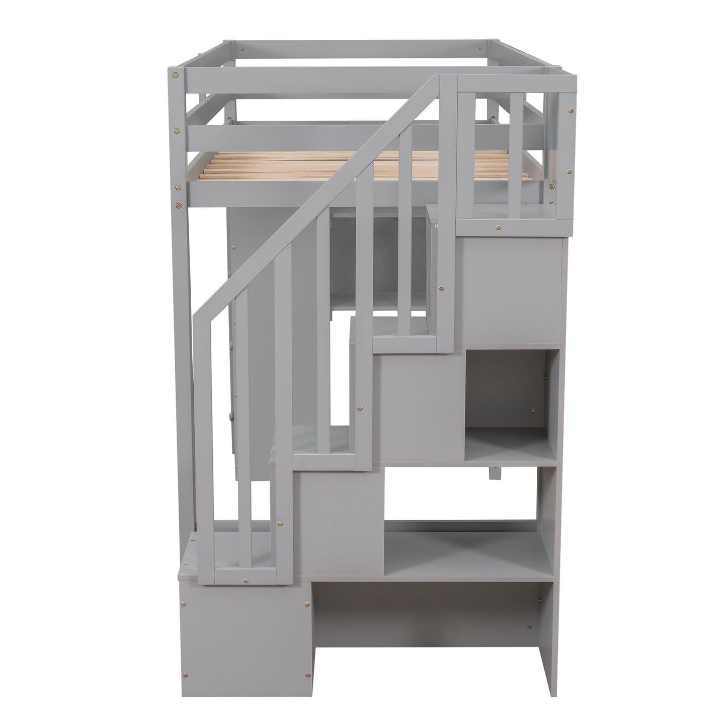 Twin Size Loft Bed With Storage Drawers And Stairs With Shelves - Gray
