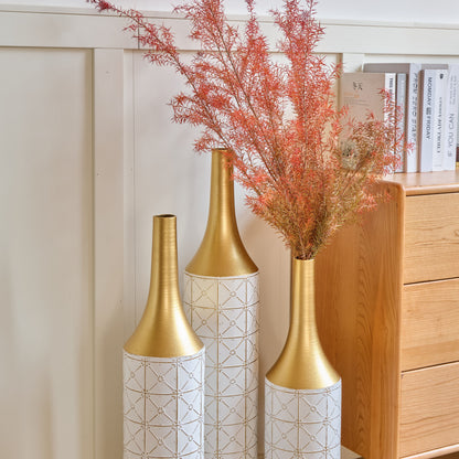 Floor Metal Vases Decorated White Metal Vases (Set of 3) Gorgeous Home Decoration Large Glazed Metal Vases - White / Gold