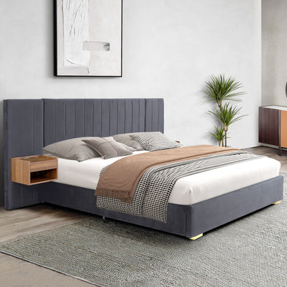 Upholstered Queen Size Bed Frame Of Velvet Tufted Headboard With Floating Nightstand LED / USB Built - Gray