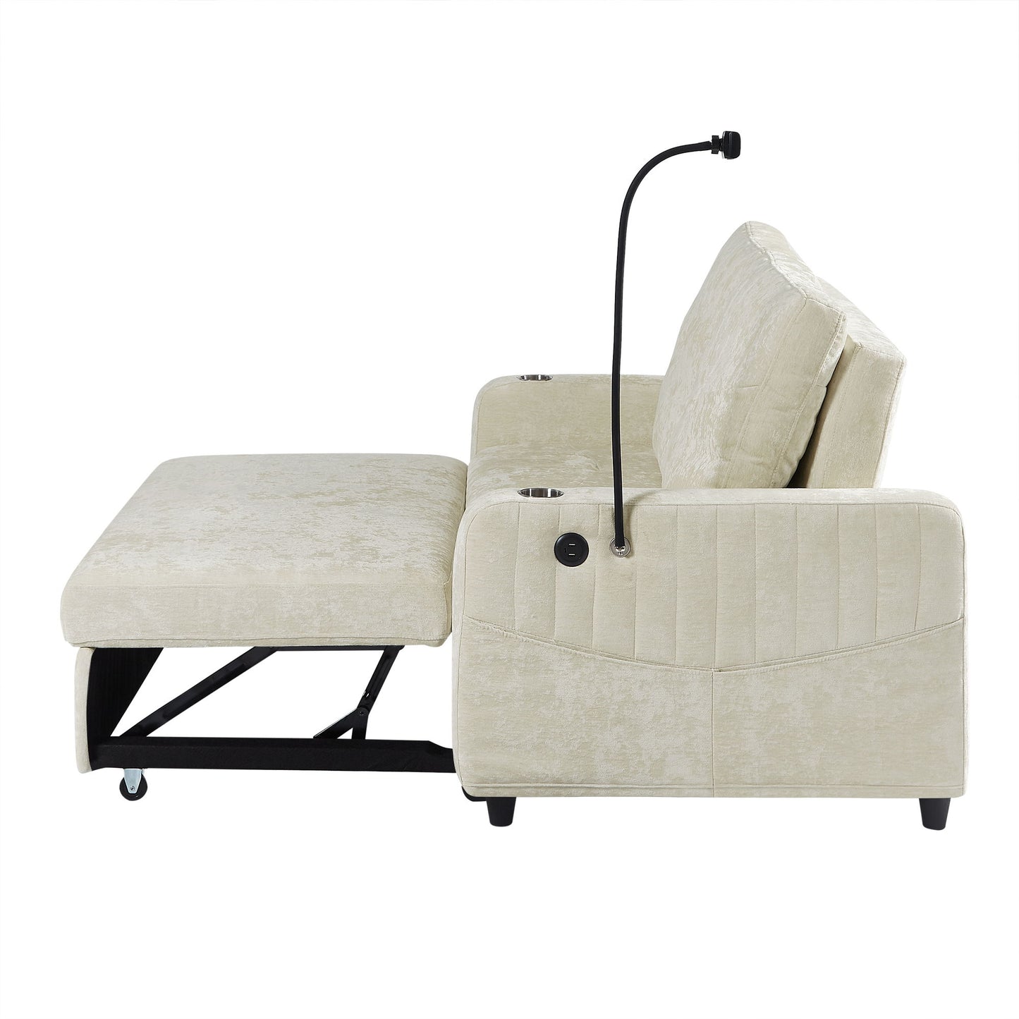 Modern Loveseat Pull Out Sofa Bed With Adjustable Backrest, Two Cup Holders, A Phone Holder, Three Charging Ports And Side Storage Pockets For Living Room - Beige
