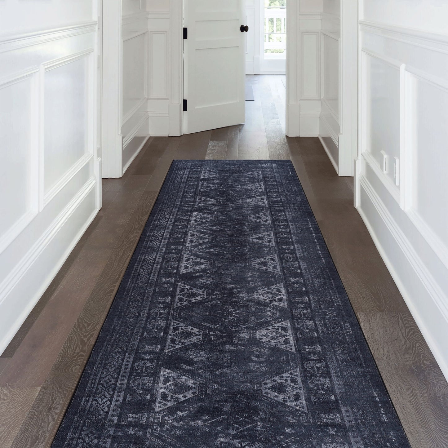 Maval - 2'6'' X 10' Washable Runner Rug - Black / Gray