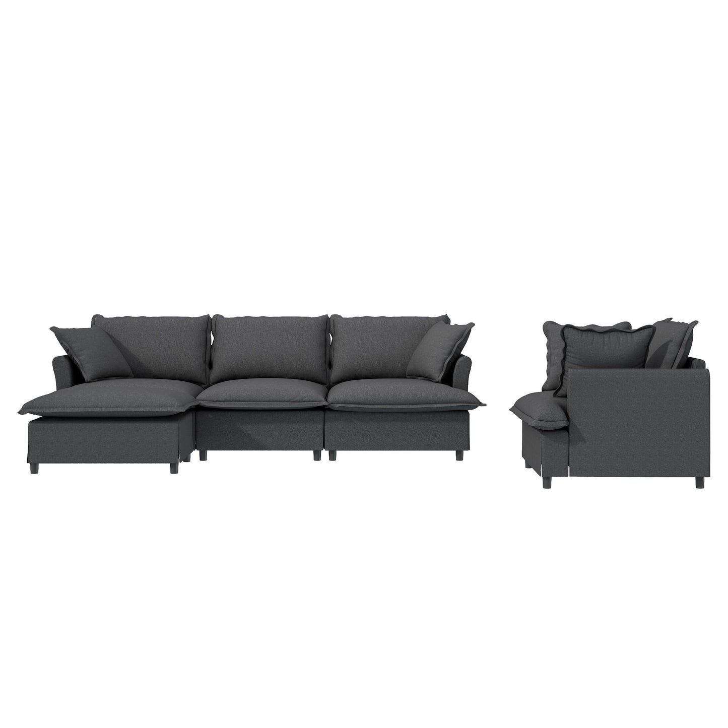 3 Piece Living Room Set Modular L Shaped Sectional Couch Upholstered, 3 Seater Sofa & Armchair & Movable Ottoman 5 Seat - Gray