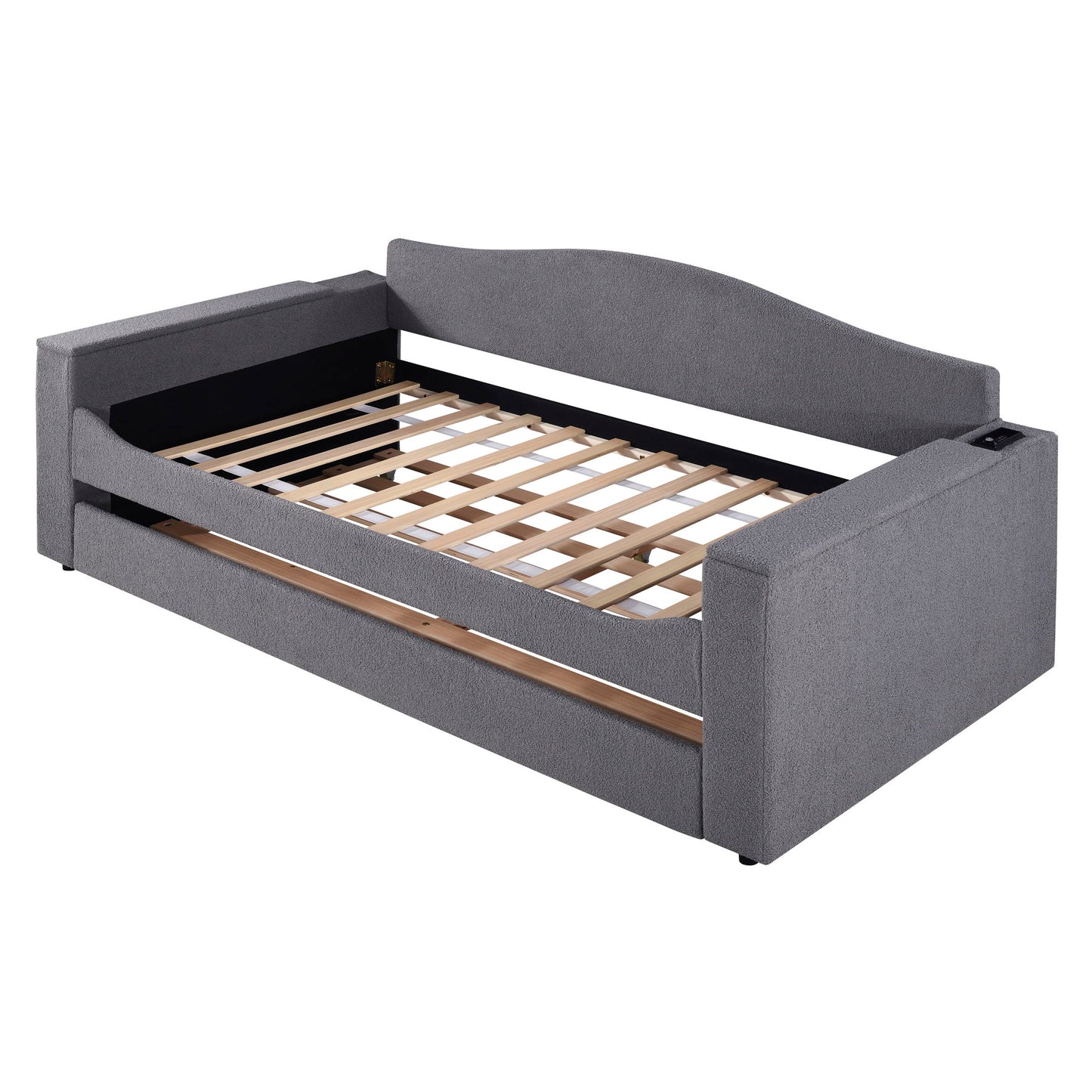 Twin Size Upholstered Daybed With Storage Armrests, Trundle And Latest Integrated Bluetooth Audio System - Gray