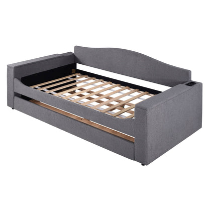 Twin Size Upholstered Daybed With Storage Armrests, Trundle And Latest Integrated Bluetooth Audio System - Gray