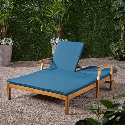 Etherealize - Outdoor Adjustable Double Chaise Lounge With Water Resistant Cushions - Teak / Blue