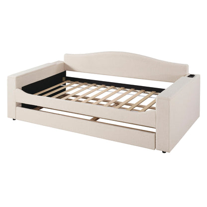 Twin Size Upholstered Daybed With Storage Armrests, Trundle And Latest Integrated Bluetooth Audio System - Beige