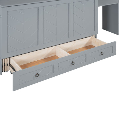 Queen Size Murphy Bed With USB Port, Large Drawer, And Wardrobe / Desk Combo Versatile Cabinet Bed - Gray