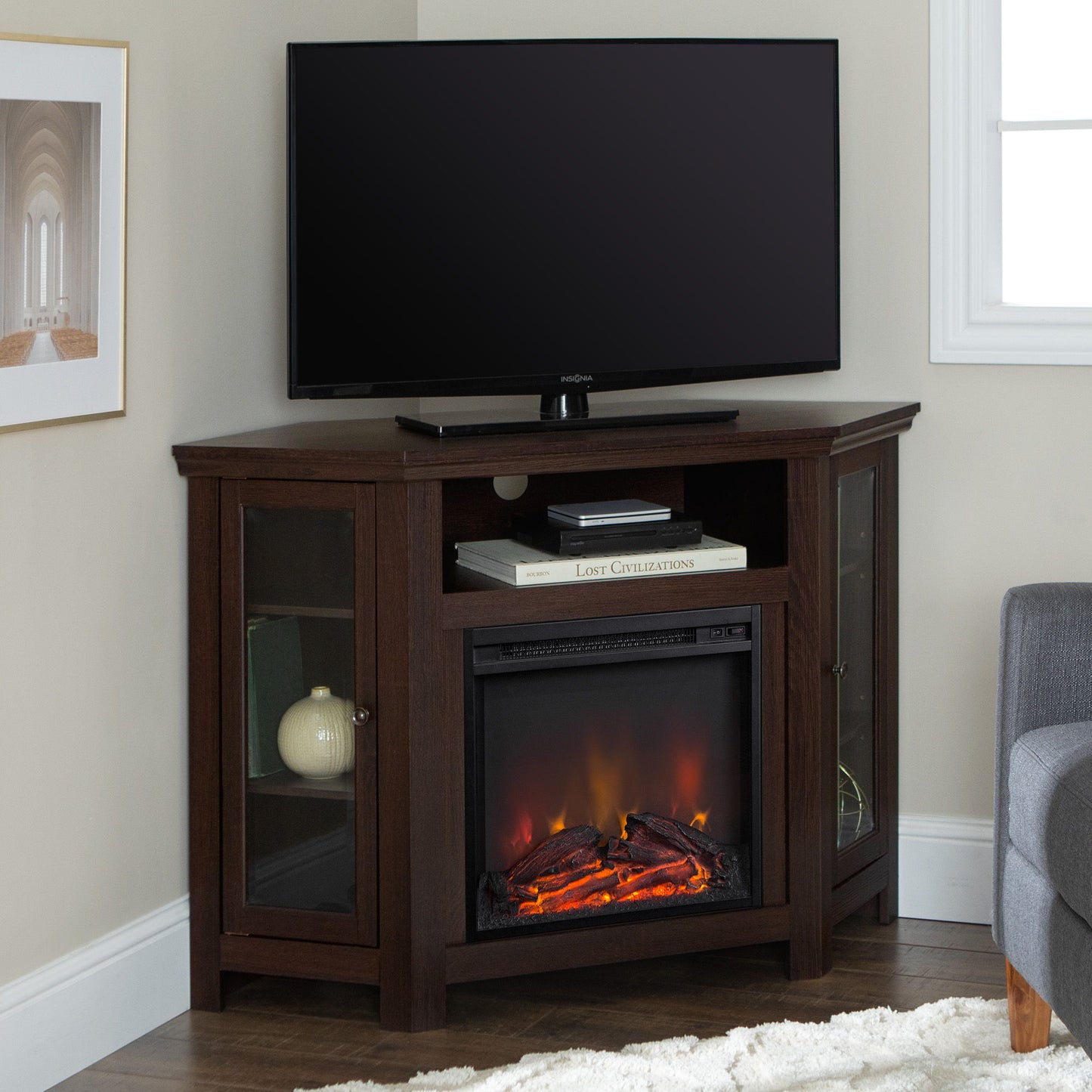 Classic Glass Door Fireplace TV Stand For Tvs Up To 55" - Brown