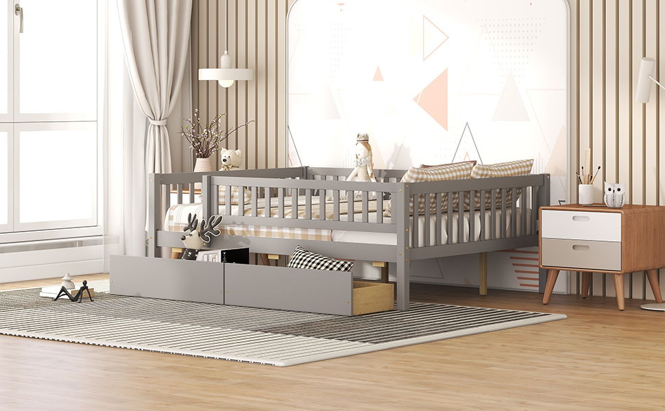 Full Size Daybed Bed With Two Drawers - Gray