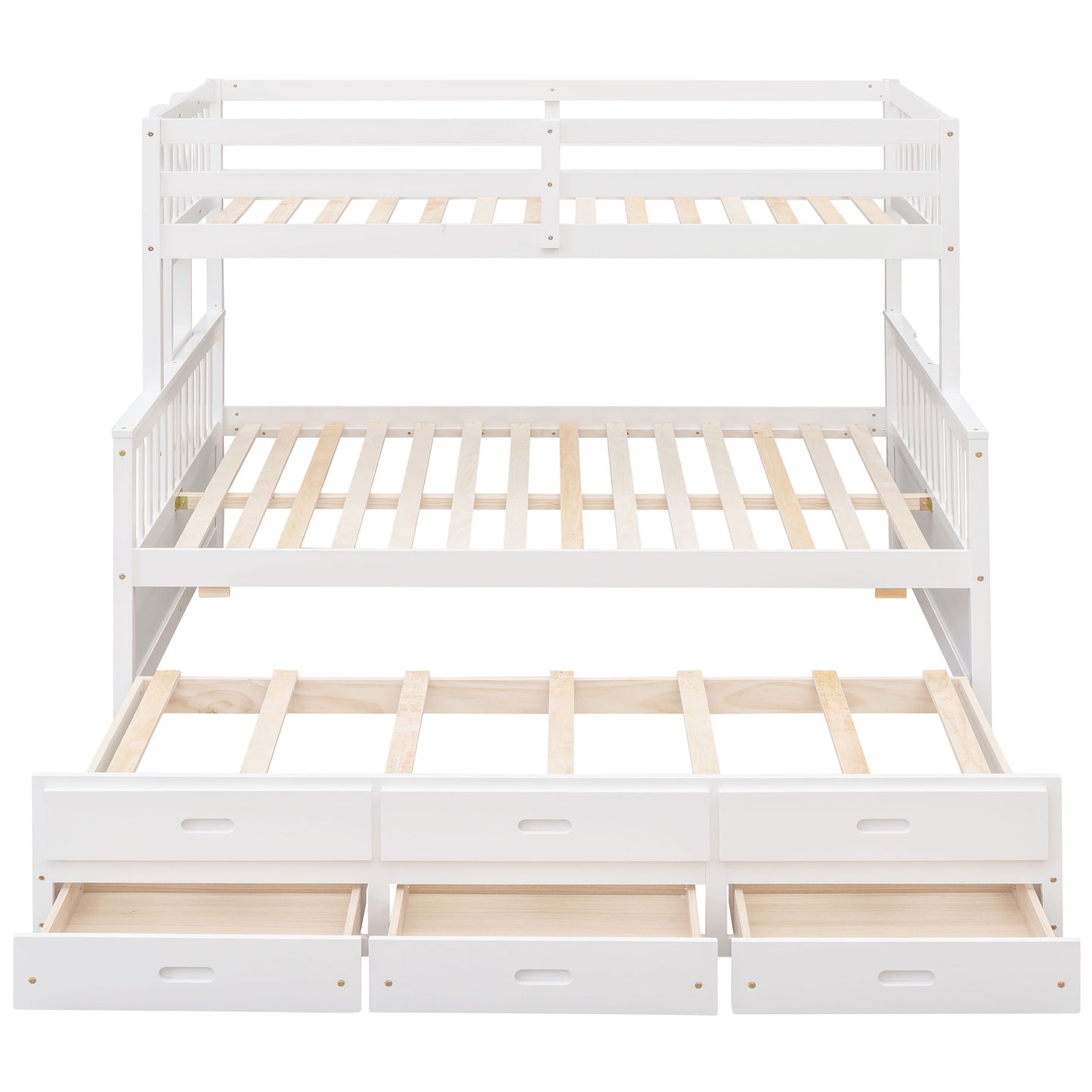 Twin Over Full Bunk Bed With Twin Size Trundle, With Drawers For Bedroom - White
