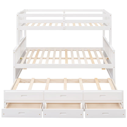 Twin Over Full Bunk Bed With Twin Size Trundle, With Drawers For Bedroom - White