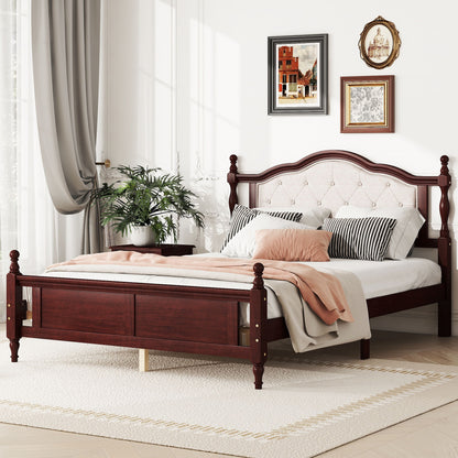 Queen Pine Wooden Bed With Upholstered Headboard And Panel Footboard, With Two Bed Rail Support Feet And Central Platform Support Feet, Classic - Cherry