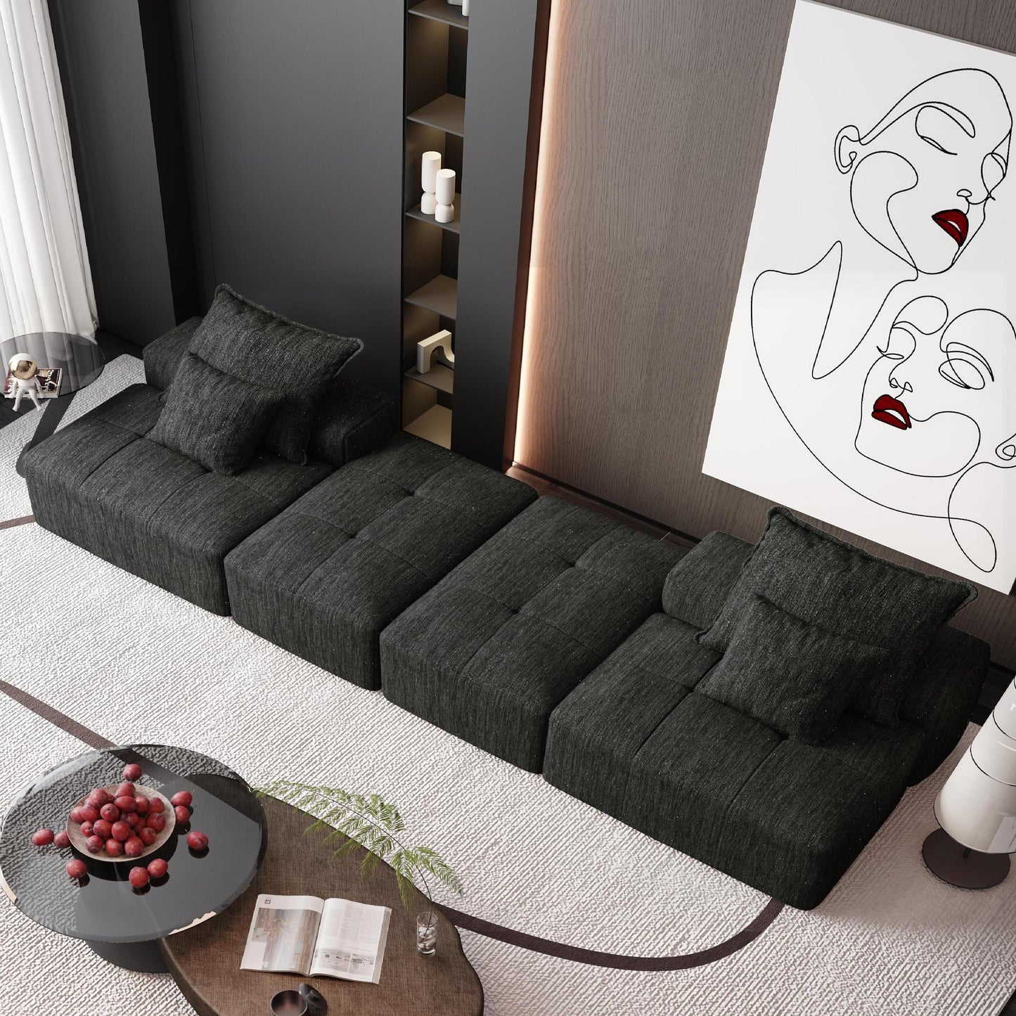 Modern Oversized Modular Sectional Sofa With 2 Ottoman And 2 Seat, Sparkling Chenille Fabric Soft Cushion Sofa With 4 Pillows, 4 Pieces Diy Combination Tufted Sofa, No Assembly Required - Black