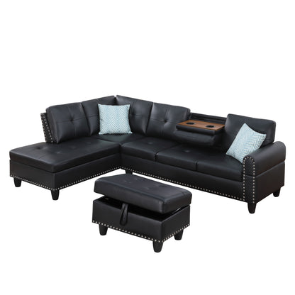 Irine - Faux Leather Sectional Sofa With Ottoman - Black