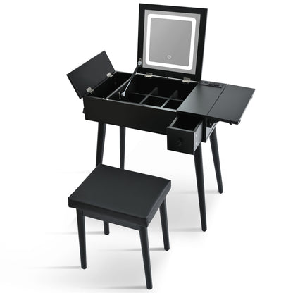 Makeup Vanity Desk With Flip Top Mirror And LED Light, Dressing Table With Charging Station, 2 Drawers And Fold Up Panel, Vanity Set With Cushioned Stool For Bedroom - Black