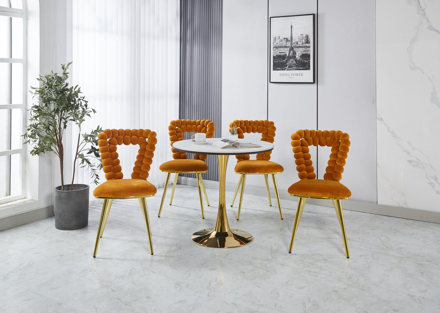 Modern Chair With Iron Tube Legs, Soft Cushions And Comfortable Backrest, Suitable For Dining Room, Living Room, Cafe, Hairball Back (Set of 2) - Orange / Gold