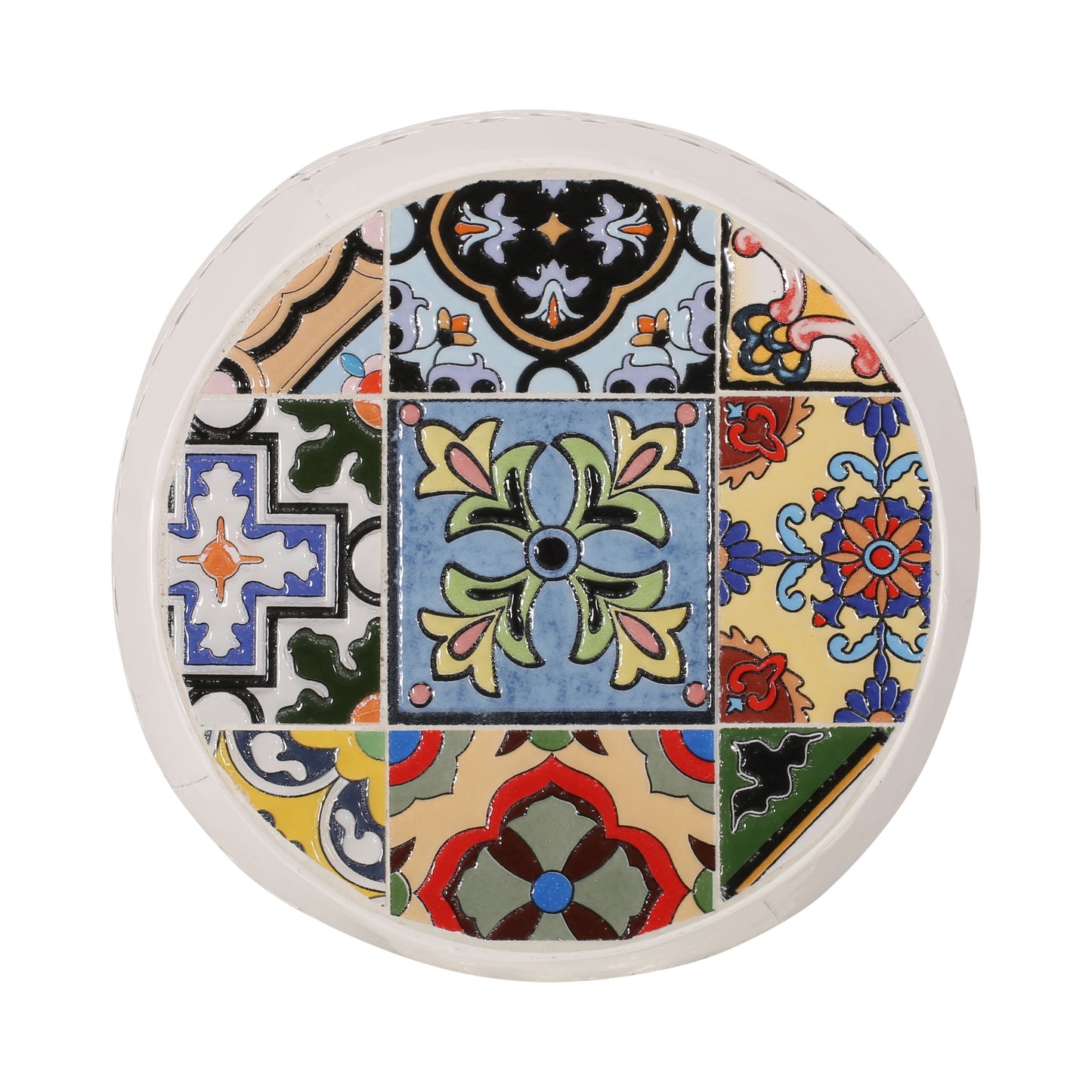 Transitional Roswell - Side Table With Tile Mosaic Top And Lace Cut Metal Frame - White